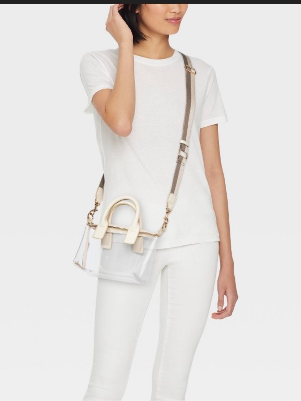 Crossbody Tote Handbag For Stadium •Cream/Clear•